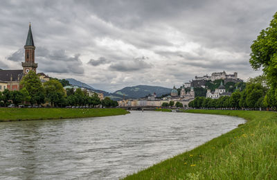 View of buildings by river against cloudy sky