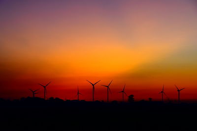 Silhouette of wind turbines at sunset