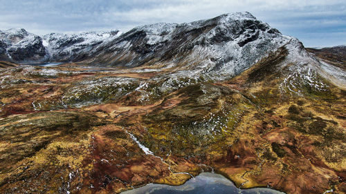 Aerial view of mountain range against sky