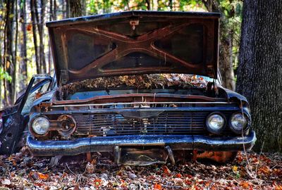 Close-up of abandoned truck in forest