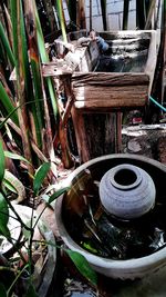 High angle view of abandoned and plants in yard