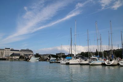 View of boats moored in calm sea