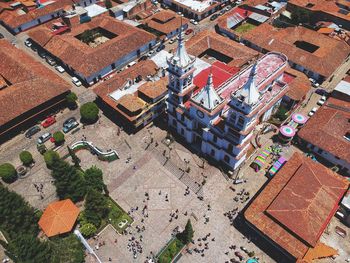 High angle view of multi colored roof outside building