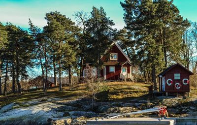 Trees by house against sky