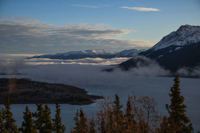 Scenic view of lake by mountains against sky