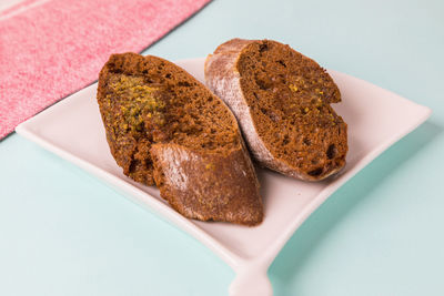 Toasted rye bread in a plate close-up. morning breakfast