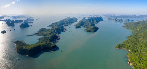 Panoramic view of sea and rocks against sky