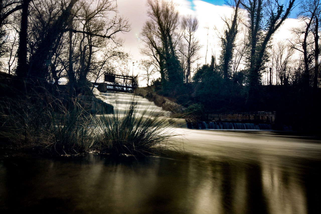 VIEW OF RIVER AMIDST BARE TREES AGAINST SKY