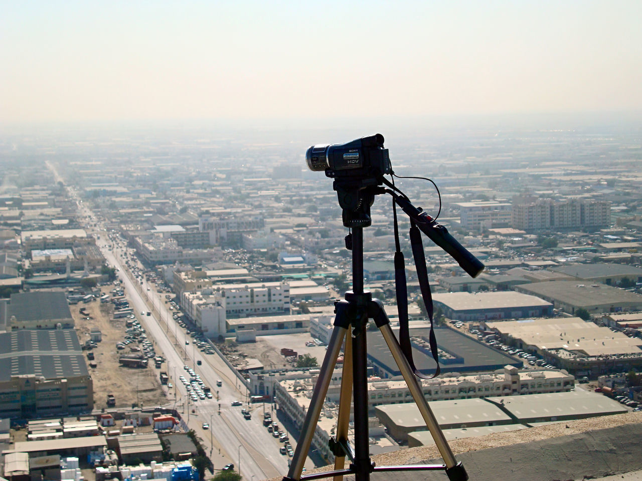 View of cityscape with camera in foreground