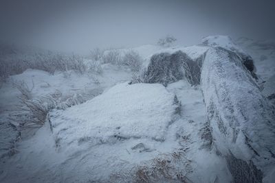 Snow covered landscape against sky