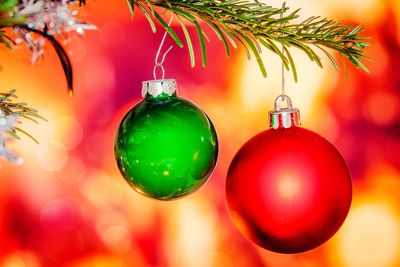 Close-up of christmas decorations hanging on tree