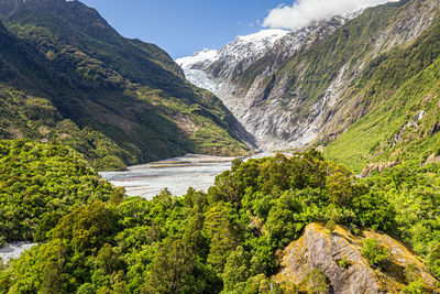 Scenic view of river amidst mountains against sky