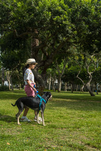 Rear view of woman with dog on grassy field