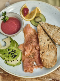 High angle view of breakfast served on table