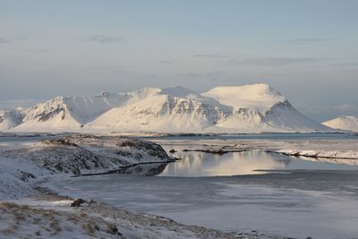 Scenic view of lake and snowcapped mountains against sky