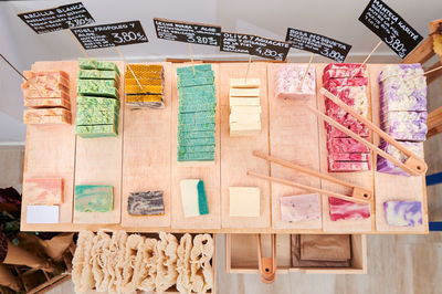 High angle view of information sign on table