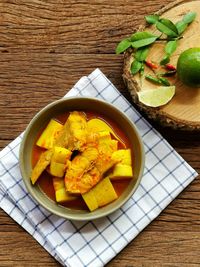 High angle view of breakfast on table