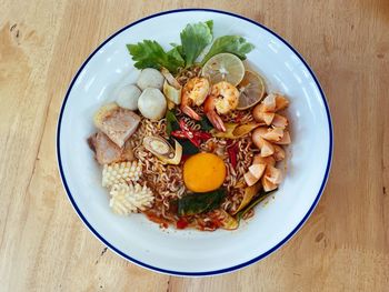 High angle view of food served on table