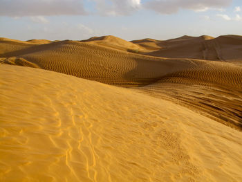 Sand dunes in desert against sky