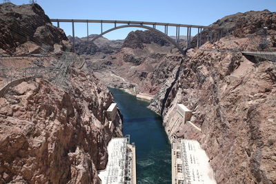 Panoramic view of bridge and mountains against sky