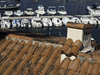 High angle view of chairs at beach