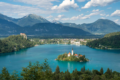 Scenic view of lake and mountains against sky