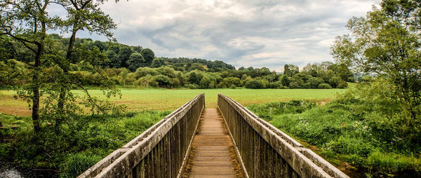 Wooden footbridge amidst trees on landscape against sky