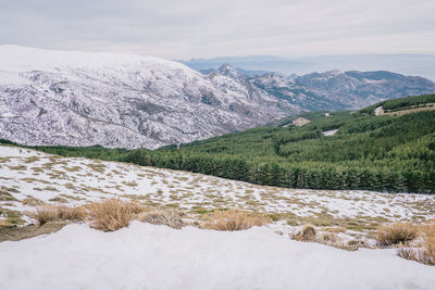 Scenic view of mountains against sky during winter