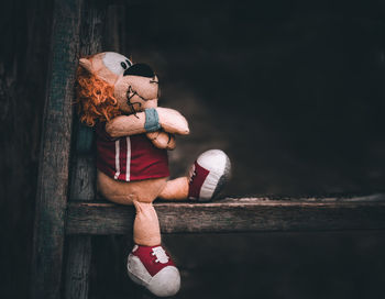Toy sitting on wooden seat