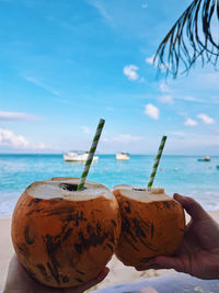 Cropped hand of woman holding coconut at beach