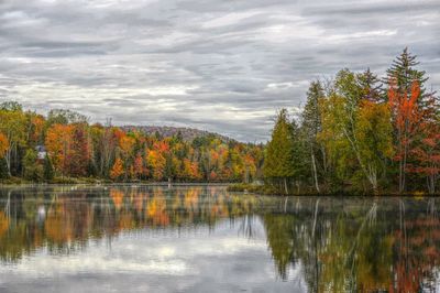 Scenic view of lake by trees against sky during autumn