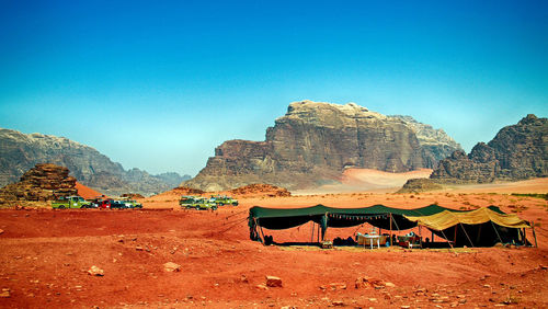 Scenic view of rocky mountains against clear blue sky