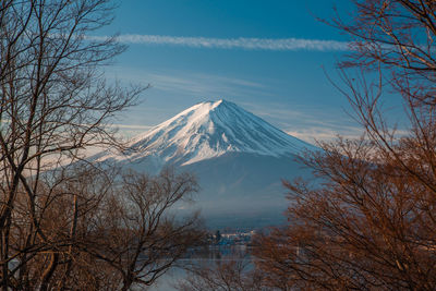 Scenic view of snowcapped 
mount fuji  against sky