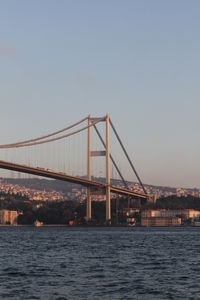 Bosphorus bridge over strait against clear sky during sunset