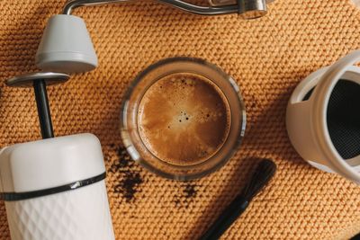 High angle view of objects on table