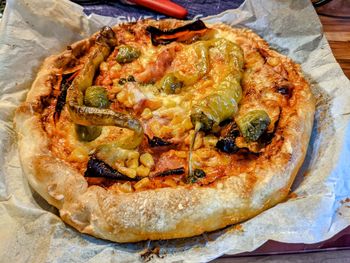 High angle view of pizza on table