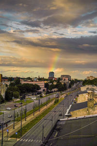 High angle view of cityscape against sky during sunset