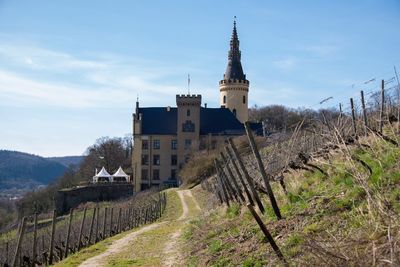 Panoramic view of castle and buildings against sky