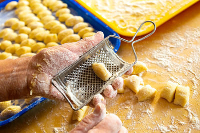 High angle view of person preparing food