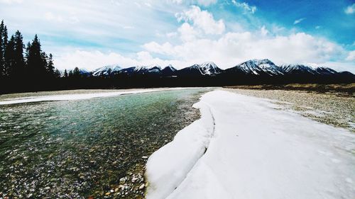 Scenic view of snowcapped mountains against sky