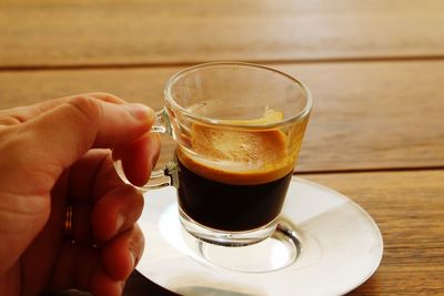 Close-up of hand holding coffee cup on table