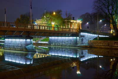 Reflection of illuminated bridge in water at night