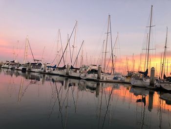 Sailboats moored in harbor at sunset