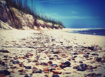 Close-up of pebbles on beach against sky