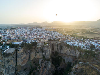 High angle view of townscape against sky during sunset