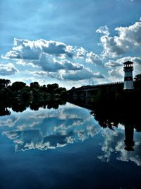 Reflection of trees in water against sky
