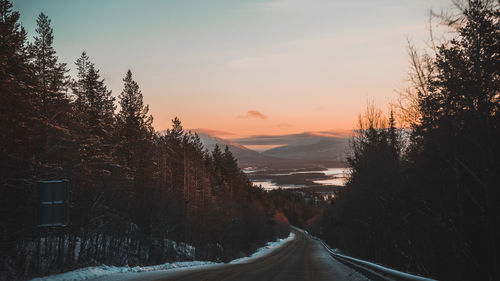 Road amidst trees against sky during sunset