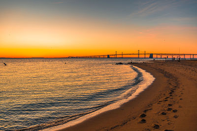 Scenic view of beach against sky during sunset