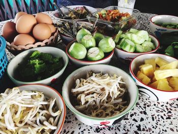 High angle view of vegetables in bowl on table