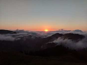 Scenic view of mountains against sky during sunset